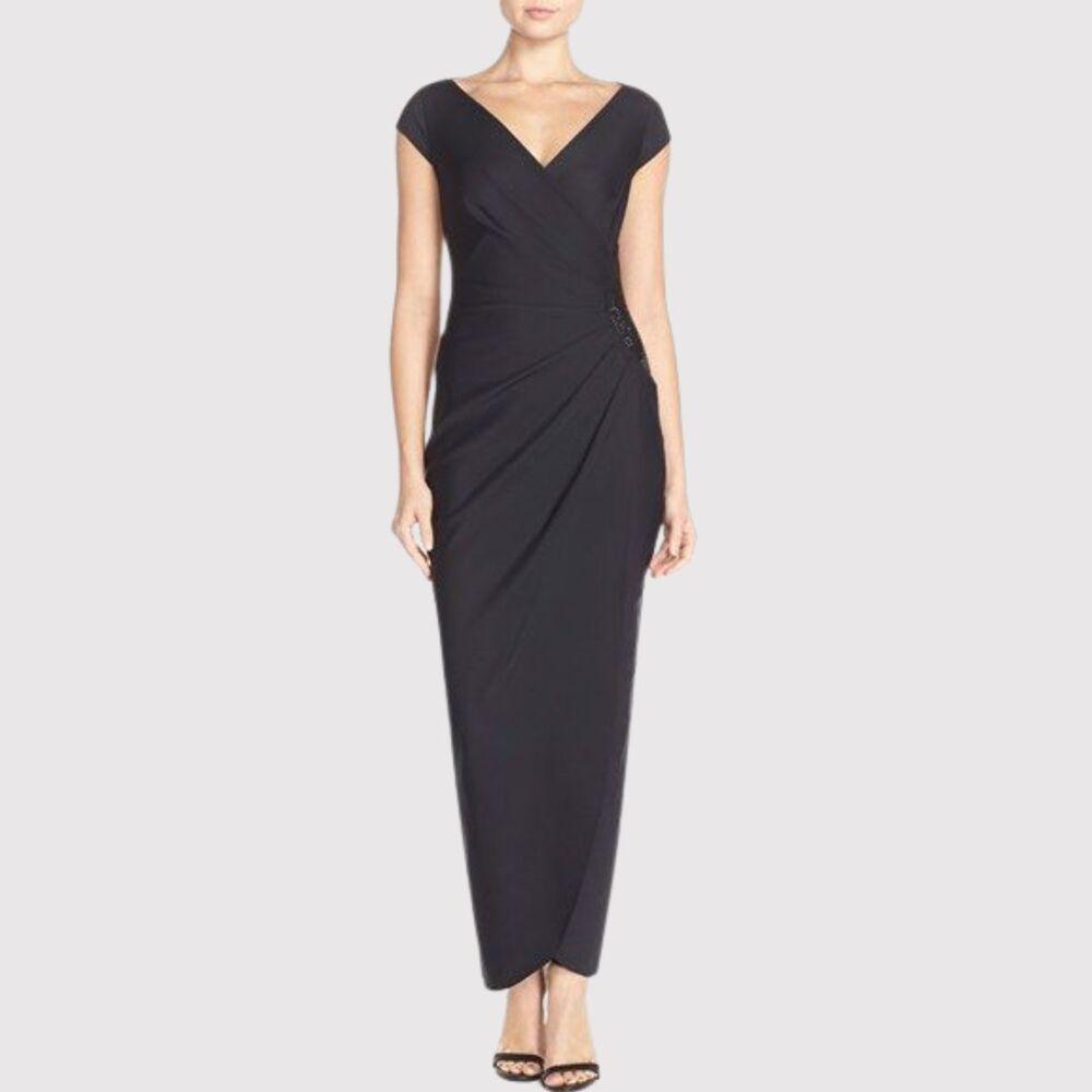 Alex Evenings Womens Dress Black Maxi Surplice V Neck Stretch Retro Glam Size 10